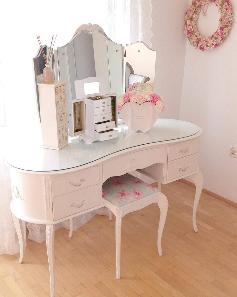RR ROUND RICH DESIGN Jewelry Box - Made of Solid Wood with 4 Drawers Organizer and Built-in Necklace Carousel and Large Mirror White - Image 5